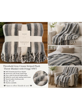 Threshold Gray Cream Striped Plush Throw Blanket Fringe Tassel Cozy NWT